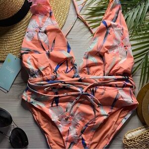 Maaji Plunge Reversible Floral Coral Tie One Piece Swimsuit